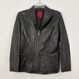 Cole Haan Studio Lambskin Wing Collar Black Leather Jacket Size 4 Full Zip Lined
